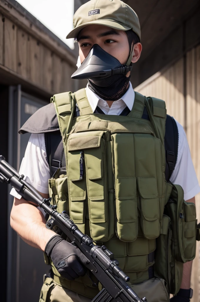 A duck wearing a bulletproof vest and holding a rifle.