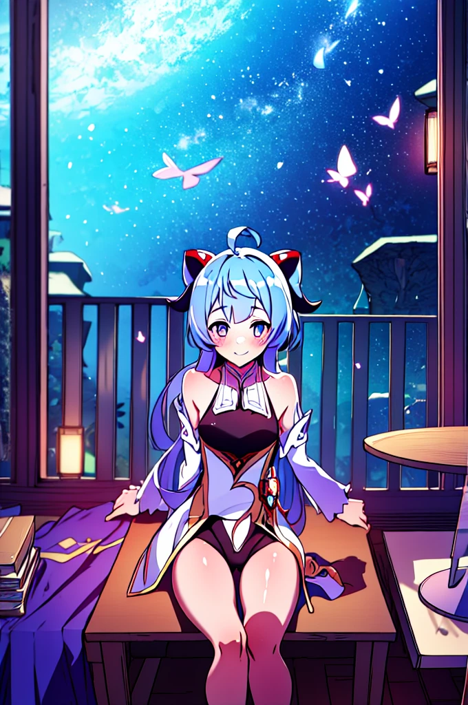 Very detailed,Pieces fly, Highest quality, Anime Images, Anime style etc.., Hired \(Genshin Impact\), Sit at the table, View from above, smile, 1 Girl, Twin Horn, ticker,Fits your body type, I can see the pussy , blush, Colorful pastel fantasy,Sexy pose,Very detailed background,Nice views,Beautiful and beautiful scenery,((Very detailed landscape)),Incredibly high quality,Night Sky