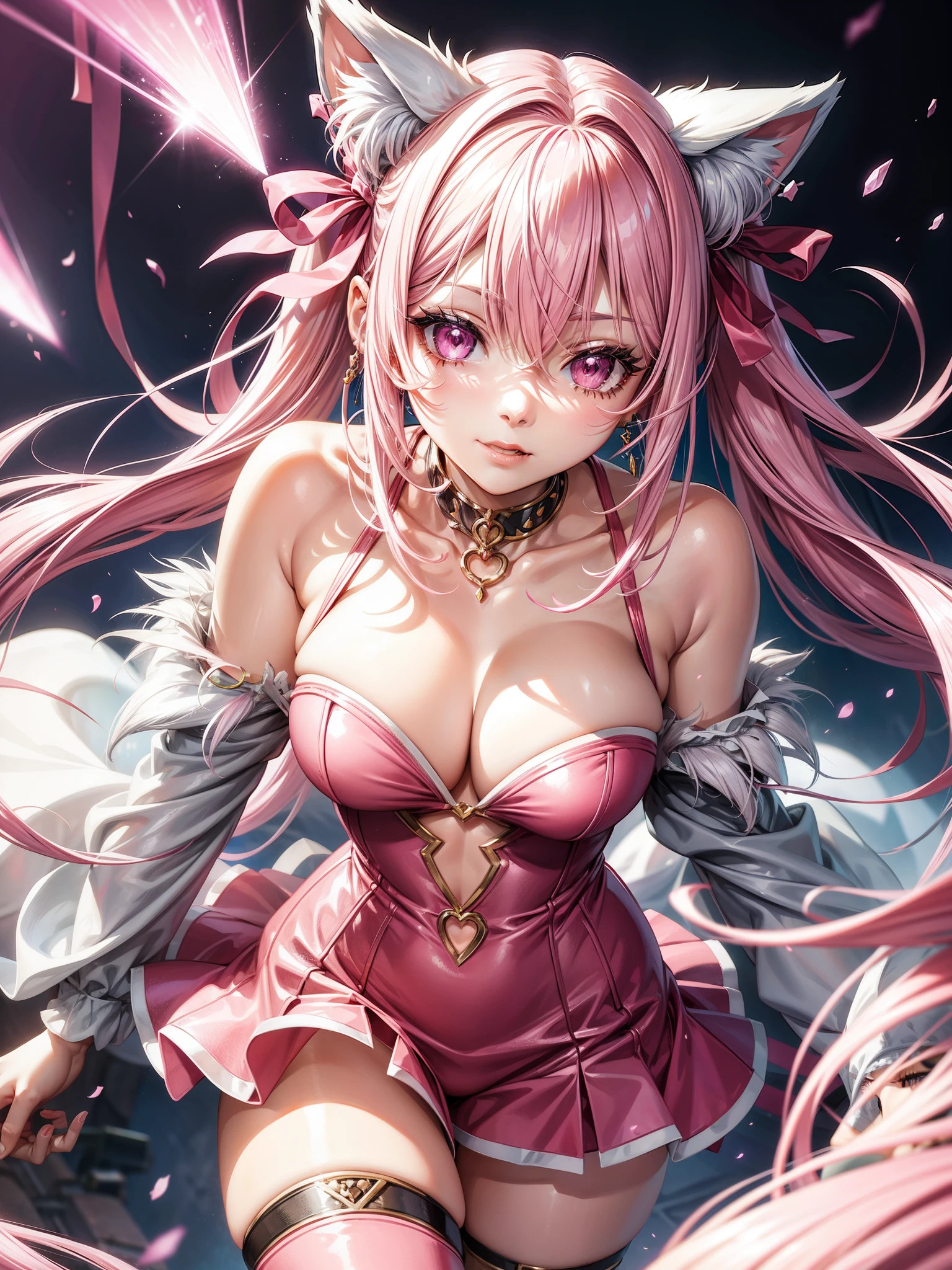 Silver pink hair, pink eyes, body, cat ears, woman, earrings, fantasy background, pink red clothes, hair bows, happy face, thigh up