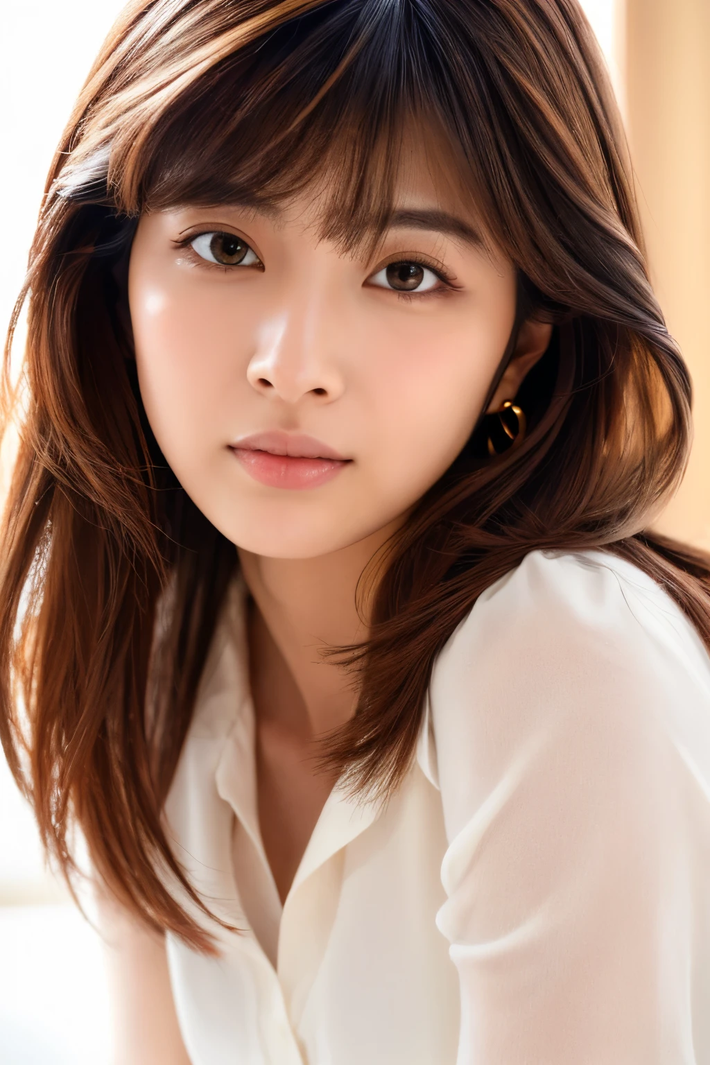 (8k, RAW photos, top quality, masterpiece: 1.2), ultra detailed, super resolution, (real photos: 1.37), portraits, high definition RAW color photos, professional photos, official art, highly detailed CG Unity 8k wallpapers, beautiful Japanese woman, highly detailed faces, Highly detailed eyes, highly detailed skin, Highly detailed nose, Highly detailed mouth, Perfect anatomy, Highly detailed background, Highly detailed clothing, One Girl, famous Japanese actress, realistic body, white skin, radiant skin, slim body, handsome body, brown hair, {short|long} hair, (blunt bangs:1.2), cute face, slight smile, Realistic Face, White shirt, Earrings, Camera Gaze, Cowboy Shot, Standing Figure, Dynamic Lighting,