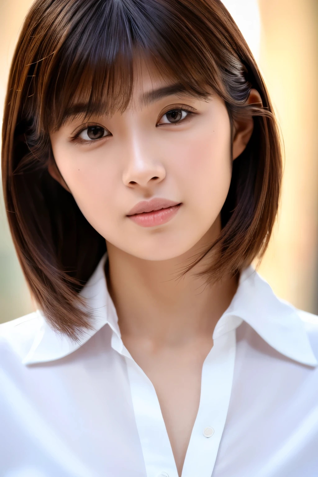 (8k, RAW photos, top quality, masterpiece: 1.2), ultra detailed, super resolution, (real photos: 1.37), portraits, high definition RAW color photos, professional photos, official art, highly detailed CG Unity 8k wallpapers, beautiful Japanese woman, highly detailed faces, Highly detailed eyes, highly detailed skin, Highly detailed nose, Highly detailed mouth, Perfect anatomy, Highly detailed background, Highly detailed clothing, One Girl, famous Japanese actress, realistic body, white skin, radiant skin, slim body, handsome body, brown hair, {short|long} hair, (blunt bangs:1.2), cute face, slight smile, Realistic Face, White shirt, Earrings, Camera Gaze, Cowboy Shot, Standing Figure, Dynamic Lighting,