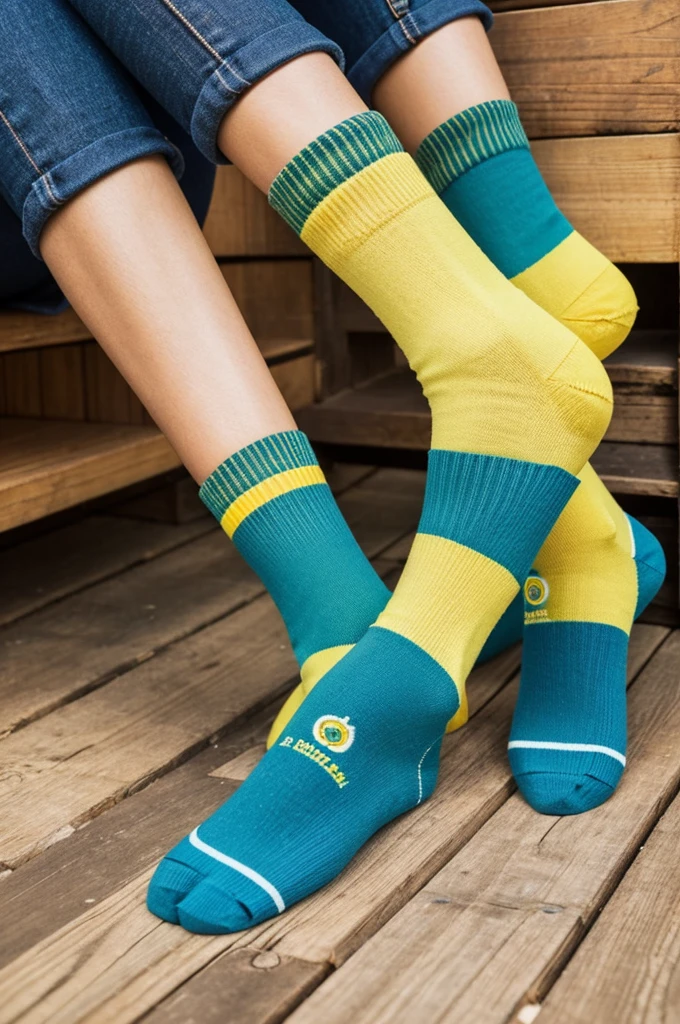 logo for a company about handmade socks with the name of "happy socks" with blue colors, yellow and green