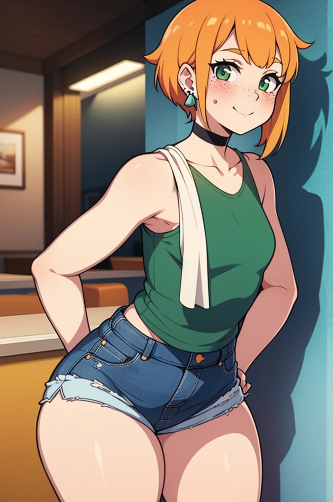 13 year old girl, no clothing on, full body, standing, (best quality, masterpiece1.2), sexy, naked, young, medium tits, 1girl, solo, looking at the viewer,  yellow background: 1.3, colorful, simple background, 
 naked, smile, detailed eyes, red eyes, green hair, bob cut,  hair over one eye,