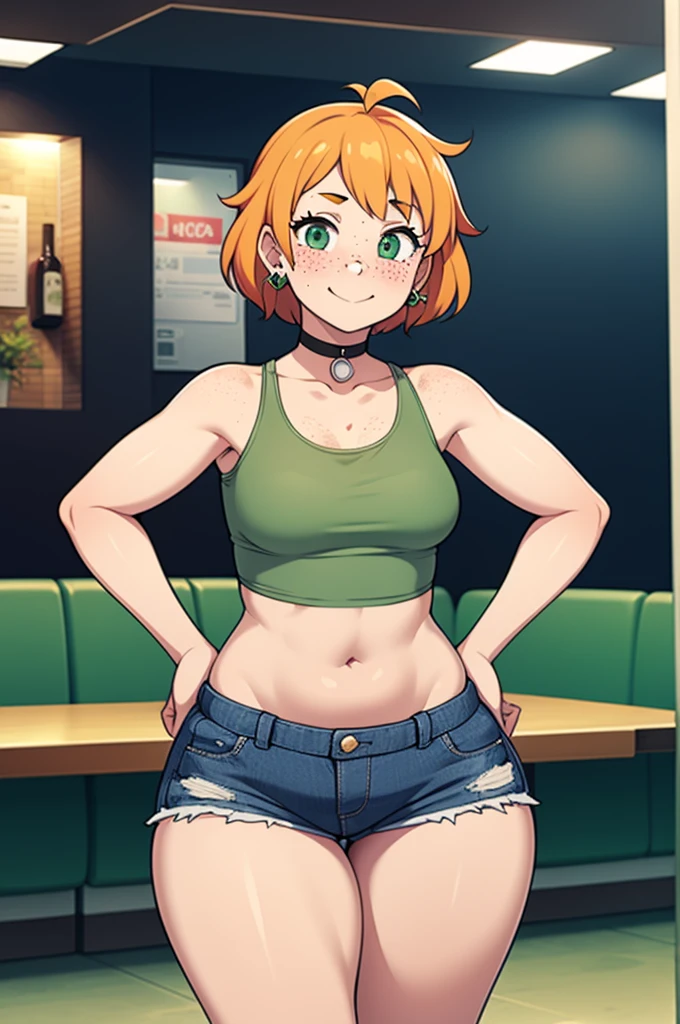 ((Masterpiece)), perfect anatomy, perfect shading, field of depth, (best quality), extremely delicate and beautiful, perfect lighting, detailed face, ultra cute face, cute, ((1girl)), ((solo))
short fluffy orange hair, freckles, green eyes, ((blush)), smile, looking at viewer, tank top, shorts, choker, earrings, small breasts, (thick thighs), wide hips,
intricate background, detailed background, fast food restaurant, hands on hips,
