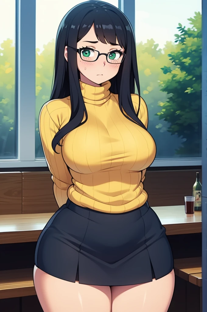 ((Masterpiece)), perfect anatomy, perfect shading, field of depth, (best quality), extremely delicate and beautiful, perfect lighting, detailed face, ultra cute face, cute, ((1girl)), ((solo))
long fluffy black hair, glasses, green eyes, ((blush)), nervous, looking at viewer, sweater, short skirt, medium breasts, thick thighs, wide hips,
intricate background, detailed background, fast food restaurant, arms behind back, cowboy shot,
