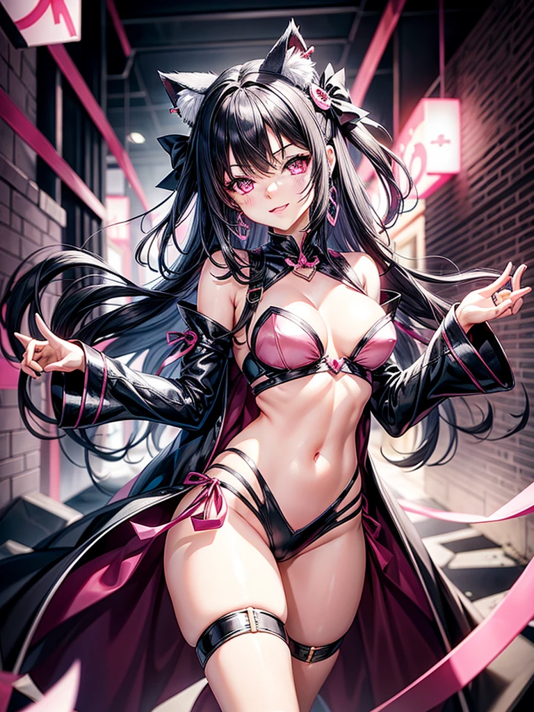 Silver black hair, pink eyes, body, cat ears, woman, earrings, fantasy background, pink red clothes, hair bows, happy face, thigh up