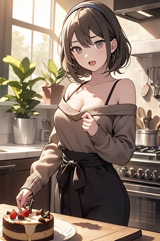 masterpiece, yor, 1girl, Amazing Cleavage:1.3, thin waist, big ass, Raised sexy, medium breast: 1.8 posed cleavage:1.2、solo, looking at viewer, open mouth, have a cup of coffee,black hair, red eyes, dress, bare shoulders, jewelry, collarbone, sidelocks, hairband, earrings, indoors, off shoulder, :o, sweater, arms behind back, plant, short hair with long locks, white hairband, off-shoulder dress, sweater dress, off-shoulder sweater, red sweater, big side hair, very long side hair,is rendered in (masterpiece: 1.2, best quality), with (ultra high resolution) and an exquisite (depth of field). This masterpiece is not only visually stunning but also tells, make of cake cooking ,in the kitchen