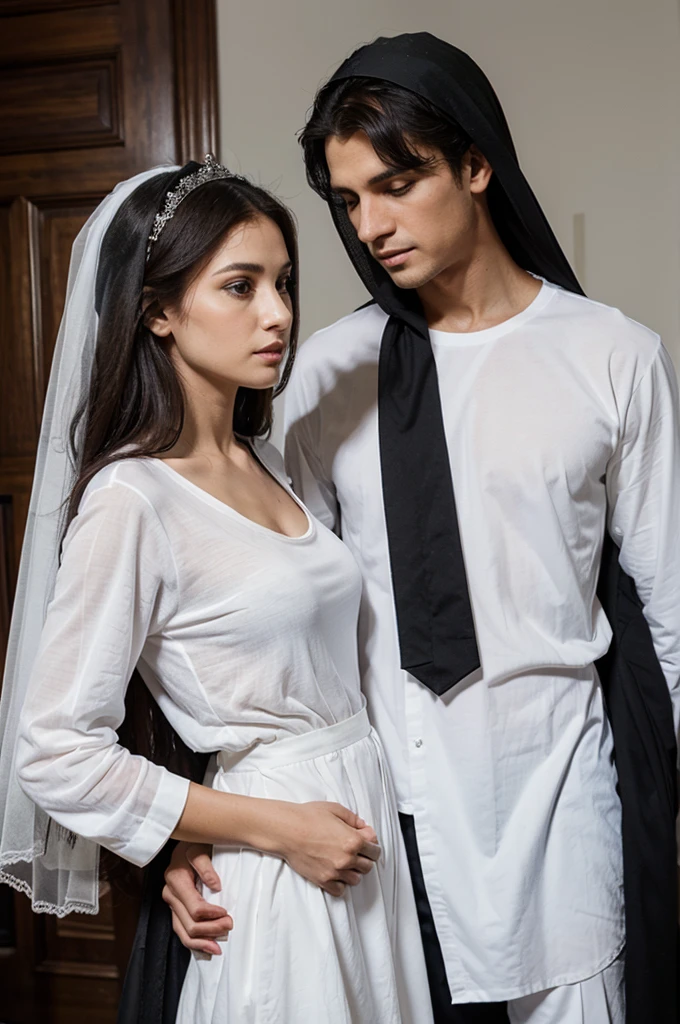 My wife wears a long white shirt that says my husband is my prince and wears a black veil while her husband wears a long white shirt that says my wife is my angel