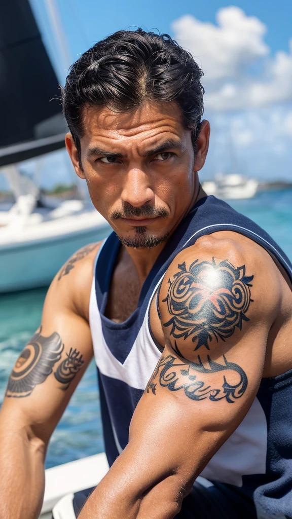 Man in his forties, Caribbean, robust with a tanned complexion, occhi marrini e calvo, hard features, tattoo of an eye on the bicep, He is wearing a seventeenth century sailor&#39;s suit 