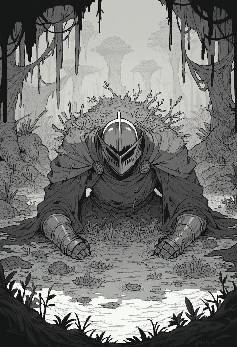 8-bit, black and white, Knight, swamp lands, pixelated