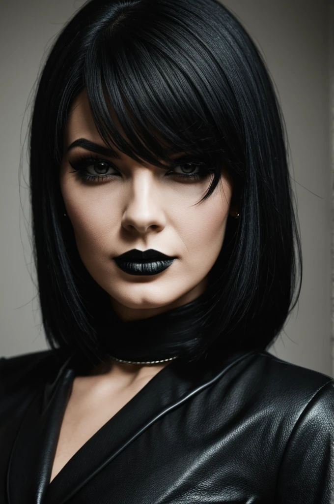 sharp face, woman, sidecut black hair, goth