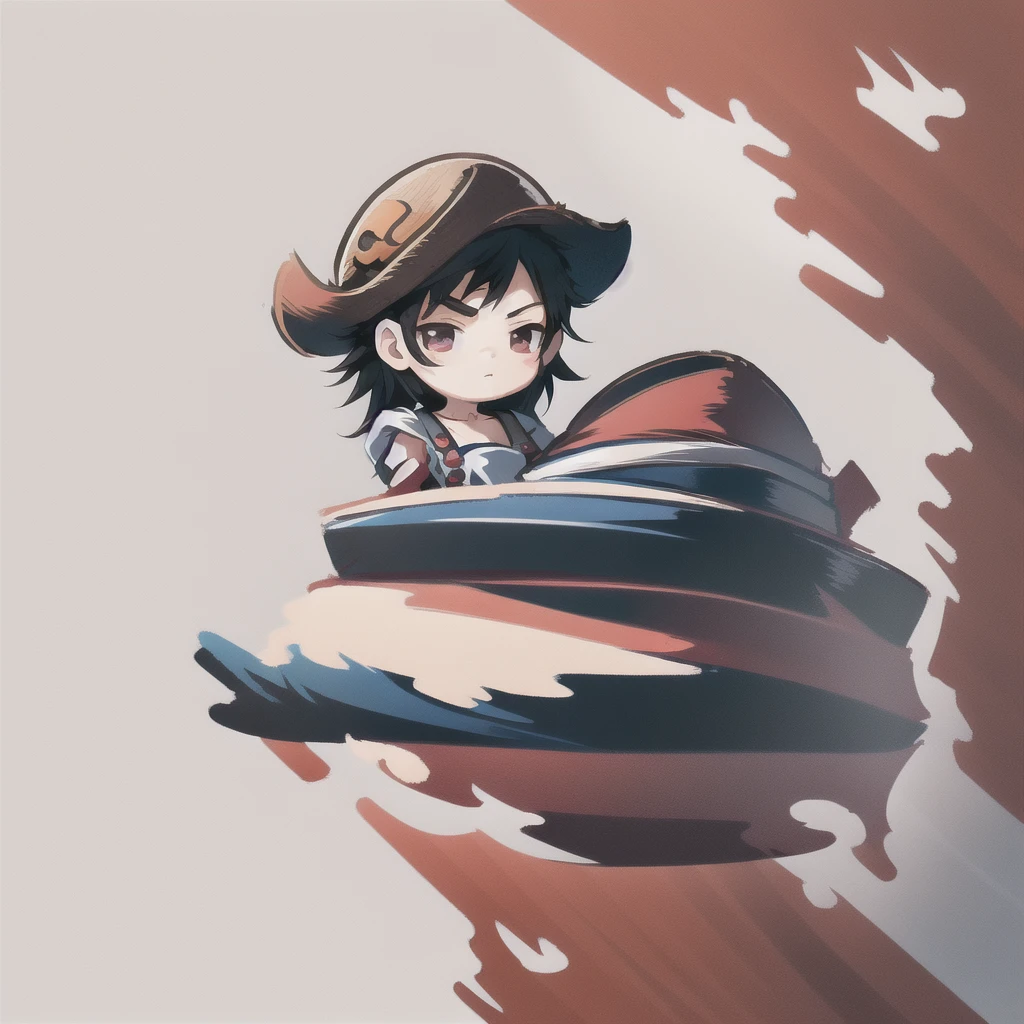 (​masterpiece, best quality), Intricate detailing, 8K, artstation, backdrop, offcial art, keen focus, 1 boy, One Piece, chibi, Straw Hat Logo, White background, simple sea background, black hair, pirate flag in the background, only up to the upper body, Strawhat, red top, Straw hat on the head, Straw