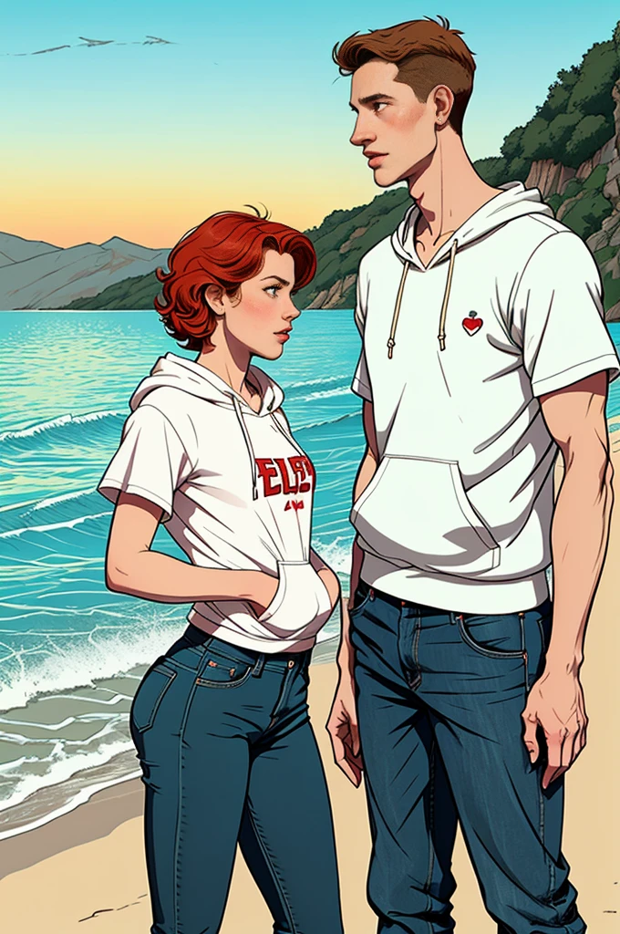 Create a retro illustration heartwarming scene from 'Heartstopper' featuring Nick Nelson and Charlie Spring at the beach.Both are white. Nick Nelson is a tall, athletic teenager with short, wavy blond/red hair and a kind expression. He often wears casual clothing like a t-shirt and jeans. Charlie Spring is slightly shorter, with dark curly hair and caucasian and a more slender build.he is white. He has a gentle, thoughtful expression and typically wears a hoodie and sneakers. Use soft, warm colors to emphasize the emotional connection between the characters