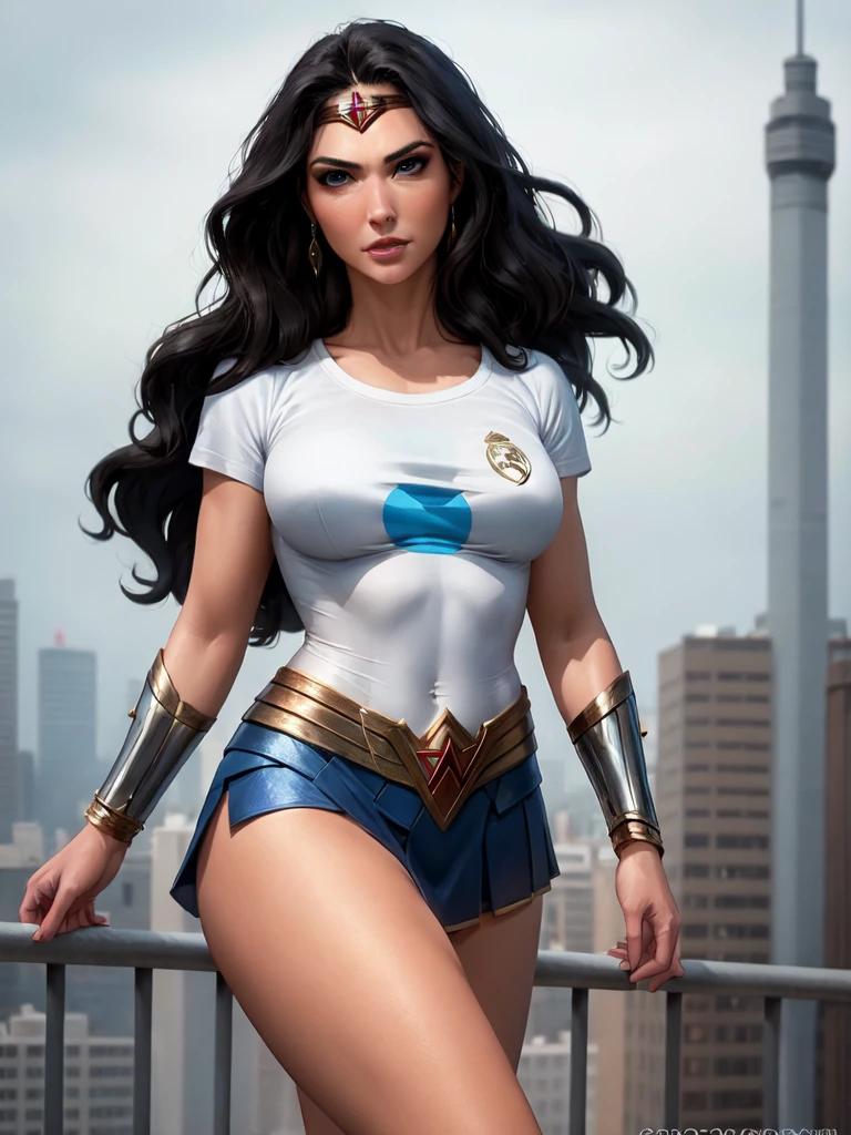 g4lg, wonder woman, ((wearing a white Real Madrid tshirt)), (pretty face:1.2), (finely detailed face and beautiful eyes), mature female, muscle, bare hands, (armlet, blue armor skirt, bracer, head ring ), (black eyes, black long hair, messy hair, floating hair), ((white Real Madrid tshirt)), (long proportional legs), (best quality:1.1),(city background:1.2), dark_fantasy,, ((masterpiece)), 