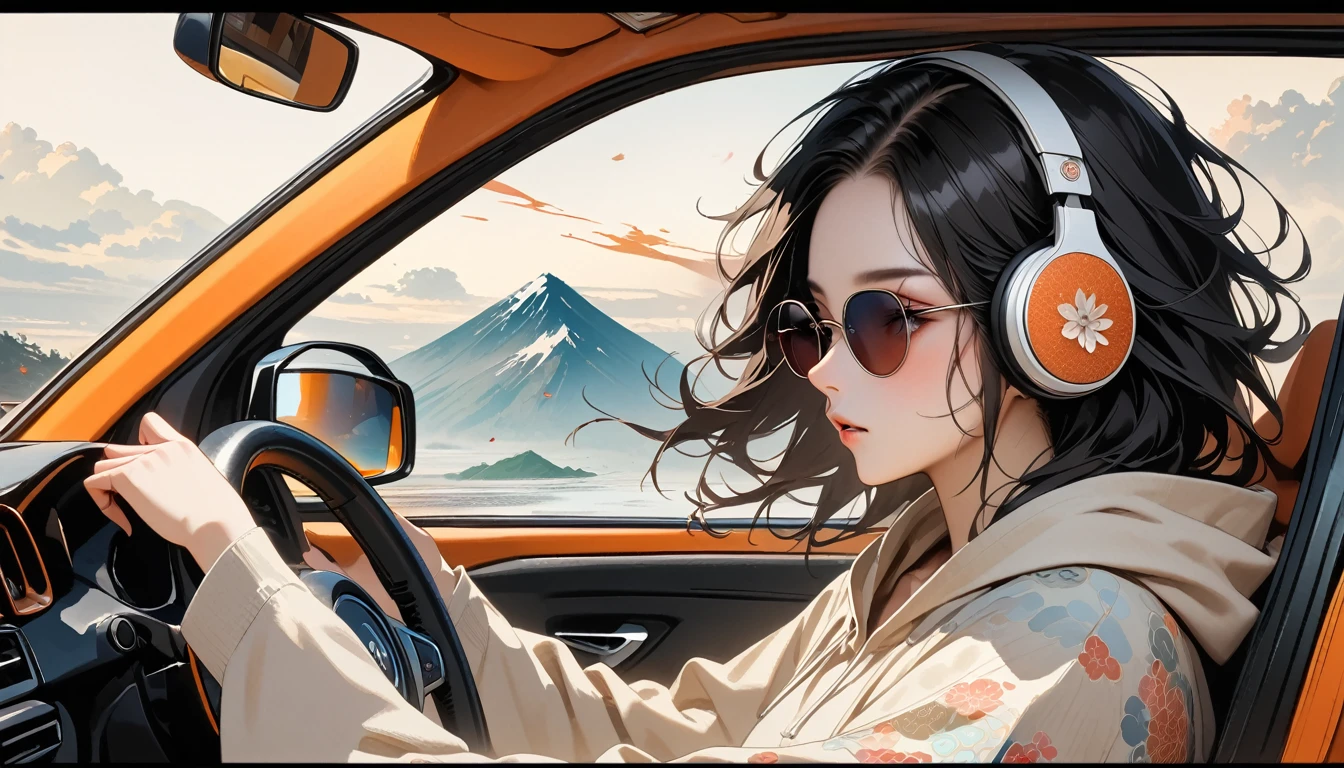 ((8k of extremely detailed CG unit, Masterpiece, high resolution, highest quality, highest quality real texture skin)), (wearing Japanese pattern headphones), ((1 girl)), (((side view))), (((Holding the steering wheel of a car and driving))), (((sunglasses))), (Japanese pattern hoodie, Japanese-style shorts), (Black hair, messy hair, beige skin), (surreal, digital painting), (((Hair fluttering in the wind)))