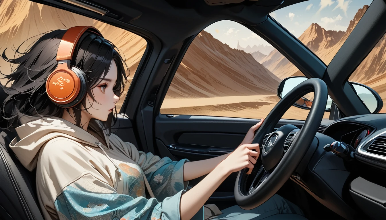((8k of extremely detailed CG unit, Masterpiece, high resolution, highest quality, highest quality real texture skin)), (wearing Japanese pattern headphones), ((1 girl)), (((side view))), (((Holding the steering wheel of a car and driving))), (((sunglasses))), (Japanese pattern hoodie, Japanese-style shorts), (Black hair, messy hair, beige skin), (surreal, digital painting), (((Hair fluttering in the wind)))