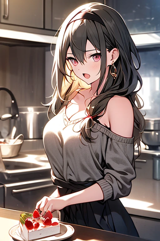 masterpiece, yor, 1girl, Amazing Cleavage:1.3, thin waist, big ass, Raised sexy, medium breast: 1.8 posed cleavage:1.2、solo, looking at viewer, open mouth, have a cup of coffee,black hair, red eyes, dress, bare shoulders, jewelry, collarbone, sidelocks, hairband, earrings, indoors, off shoulder, :o, sweater, arms behind back, plant, short hair with long locks, white hairband, off-shoulder dress, sweater dress, off-shoulder sweater, red sweater, big side hair, very long side hair,is rendered in (masterpiece: 1.2, best quality), with (ultra high resolution) and an exquisite (depth of field). This masterpiece is not only visually stunning but also tells, make of cake cooking ,in the kitchen
