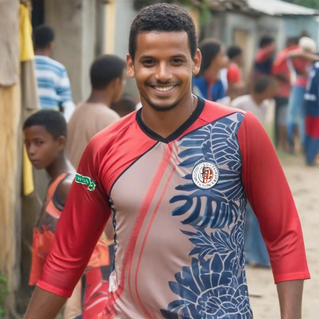 "Brazilian man taking advantage, face neutral, flamengo blouse, shanty town, cinematic, sleeved, QG, in a flamengo outfit. periphery