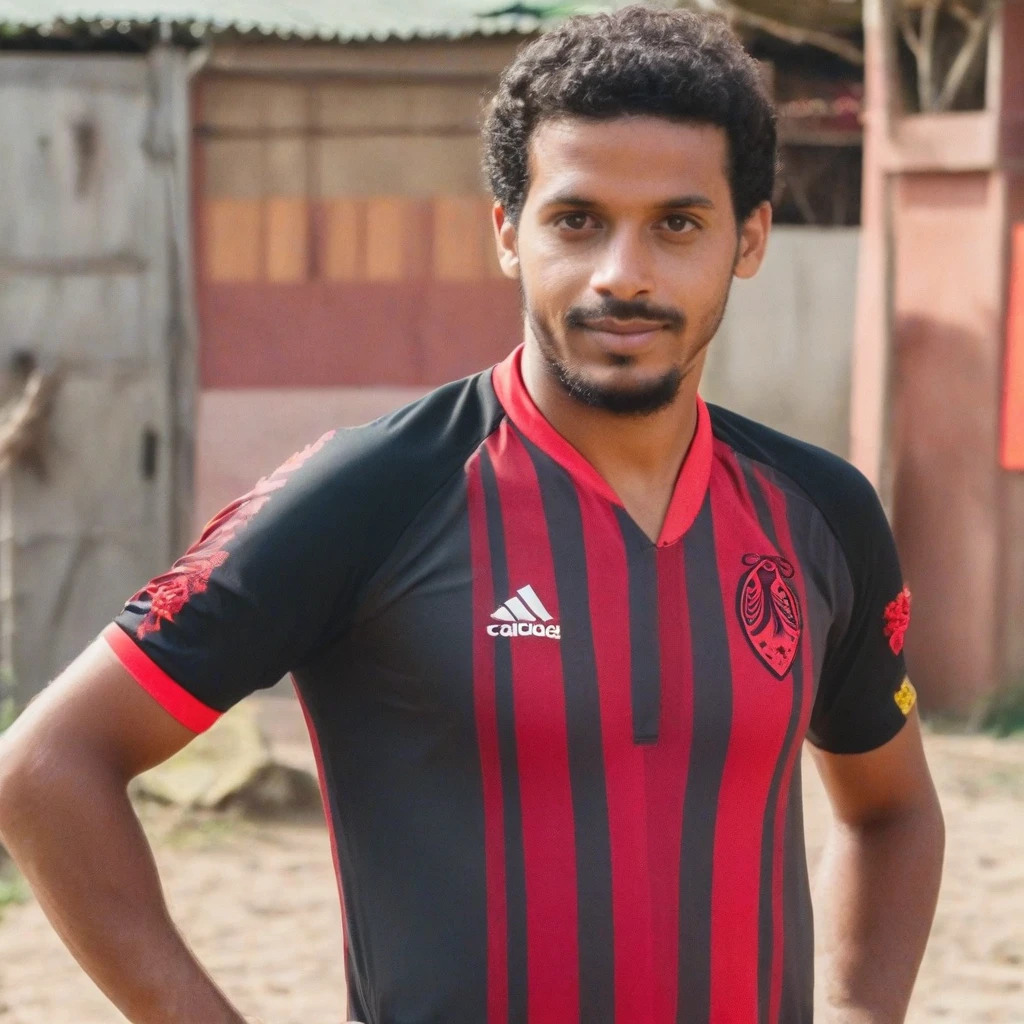 "Brazilian man taking advantage, face neutral, flamengo blouse, shanty town, cinematic, sleeved, QG, in a flamengo outfit. periphery