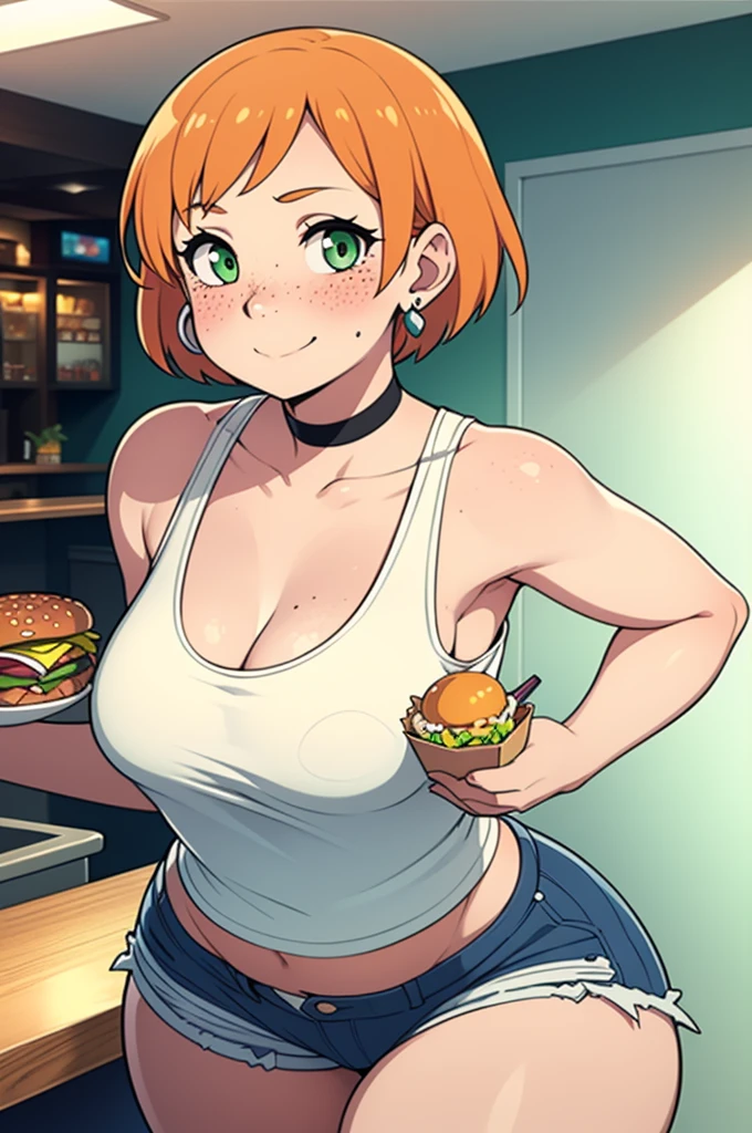 ((Masterpiece)), perfect anatomy, perfect shading, field of depth, (best quality), extremely delicate and beautiful, perfect lighting, detailed face, ultra cute face, cute, ((1girl)), ((solo))
short fluffy orange hair, freckles, green eyes, ((blush)), seductive smile, looking at viewer, tank top, shorts, choker, earrings, cleavage, small breasts, (thick thighs), wide hips,
intricate background, detailed background, fast food restaurant, holding food,