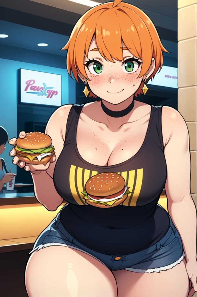 ((Masterpiece)), perfect anatomy, perfect shading, field of depth, (best quality), extremely delicate and beautiful, perfect lighting, detailed face, ultra cute face, cute, ((1girl)), ((solo))
short fluffy orange hair, freckles, green eyes, ((blush)), seductive smile, looking at viewer, tank top, shorts, choker, earrings, cleavage, small breasts, (thick thighs), wide hips,
intricate background, detailed background, fast food restaurant, holding food,