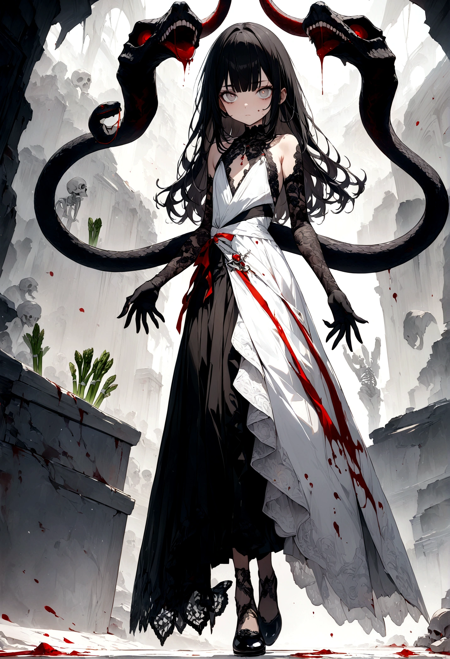 ((Masterpiece: 1.4, Best Quality))+,(ultra detail)+, Official Art, unity wallpaper 8k, ultra detailed, beautiful, high quality, beautiful, Masterpiece, Best Quality, (flat chest), whole body, foot painting, White background, Red Straight Hair, gloomy eyes, Little black snake, white theme, Red Jewelry, asparagus, Black Lace Flat Shoes, Asymmetric skirt, Blood stains on the skirt, devil, skeleton, Lots of lace