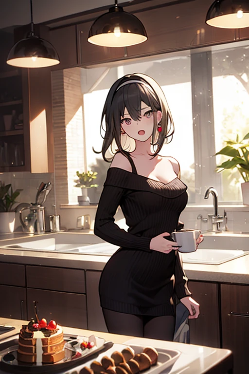 masterpiece, yor, 1girl, Amazing Cleavage:1.3, thin waist, big ass, Raised sexy, medium breast: 1.8 posed cleavage:1.2、solo, looking at viewer, open mouth, have a cup of coffee,black hair, red eyes, dress, bare shoulders, jewelry, collarbone, sidelocks, hairband, earrings, indoors, off shoulder, :o, sweater, arms behind back, plant, short hair with long locks, white hairband, off-shoulder dress, sweater dress, off-shoulder sweater, red sweater, big side hair, very long side hair,is rendered in (masterpiece: 1.2, best quality), with (ultra high resolution) and an exquisite (depth of field). This masterpiece is not only visually stunning but also tells, make of cake cooking ,in the kitchen
