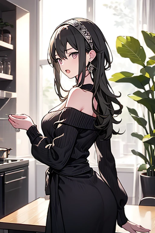 masterpiece, yor, 1girl, Amazing Cleavage:1.3, thin waist, big ass, Raised sexy, medium breast: 1.8 posed cleavage:1.2、solo, looking at viewer, open mouth, have a cup of coffee,black hair, red eyes, dress, bare shoulders, jewelry, collarbone, sidelocks, hairband, earrings, indoors, off shoulder, :o, sweater, arms behind back, plant, short hair with long locks, white hairband, off-shoulder dress, sweater dress, off-shoulder sweater, red sweater, big side hair, very long side hair,is rendered in (masterpiece: 1.2, best quality), with (ultra high resolution) and an exquisite (depth of field). This masterpiece is not only visually stunning but also tells, make of cake cooking ,in the kitchen
