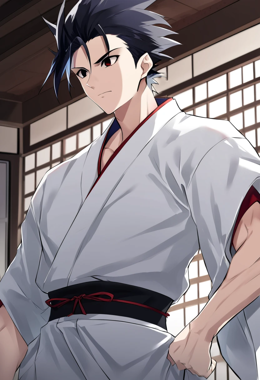 1boy, male focus, ponyzeldris, black hair, short hair, spiked hair, black eyes, red eyes, empty eyes,muscle, wearing white kimono with blue parts, entering the dojo, dojo background, neutral expression