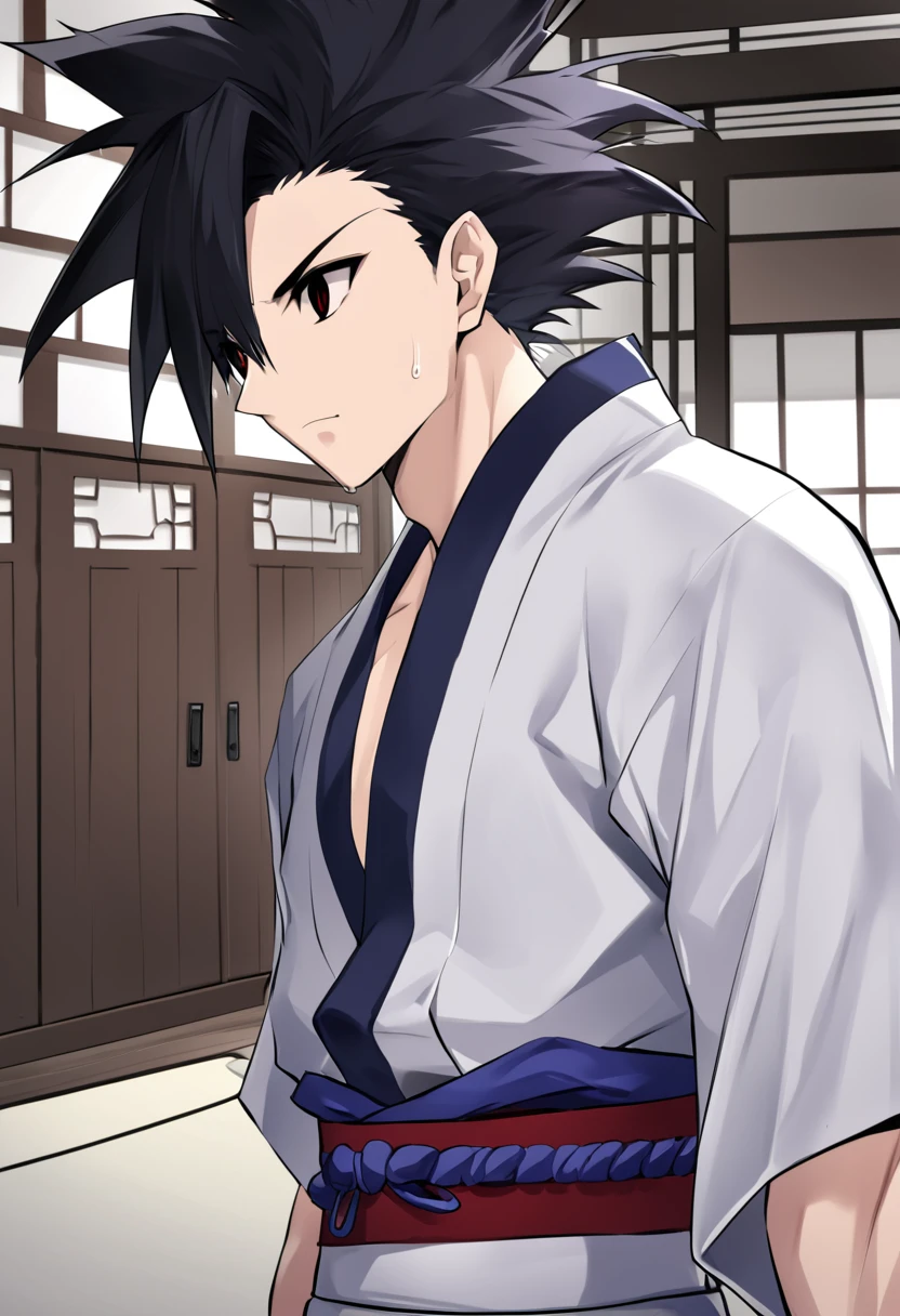 1boy, male focus, ponyzeldris, black hair, short hair, spiked hair, black eyes, red eyes, empty eyes,muscle, wearing white kimono with blue parts, entering the dojo, dojo background, neutral expression