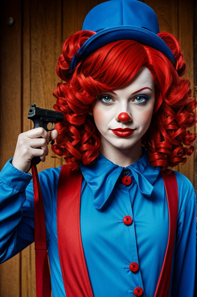red wig clown, blue clothing and a gun