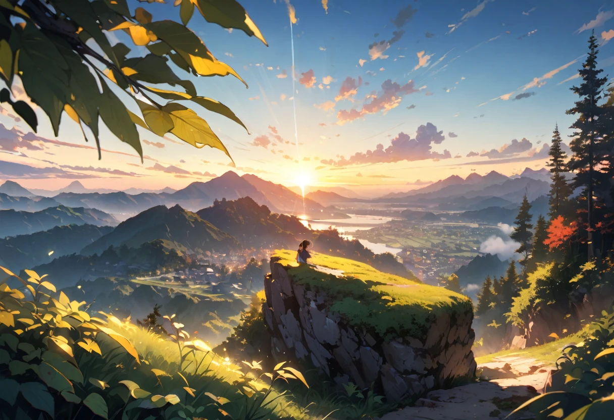 The bright sun peeking through the leaves,Highest quality,masterpiece,landscape