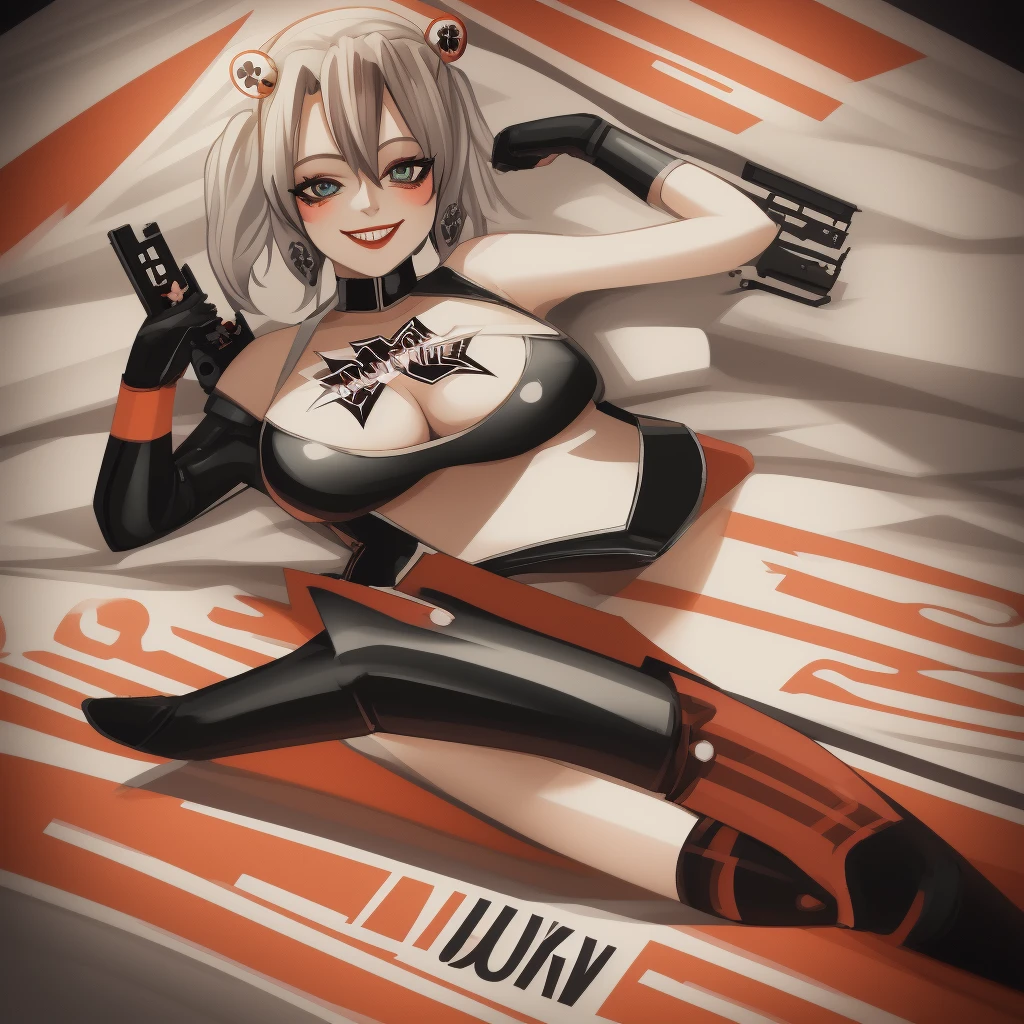 harley queen sticker, harley queen clothing, crossed hands position, A gun in each hand, harley queen volleys, outfit de harley queen, looking at the camera with a mocking and irreverent smile, gta VI style, solid background, UHD