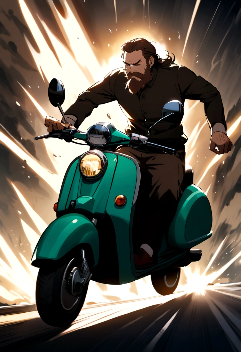 man with medium brown hair and medium beard on a scooter crashing