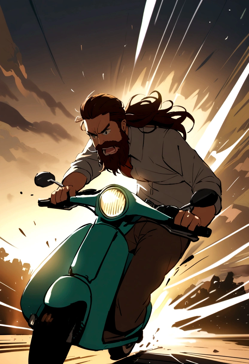  man with medium brown hair and medium beard on a scooter crashing