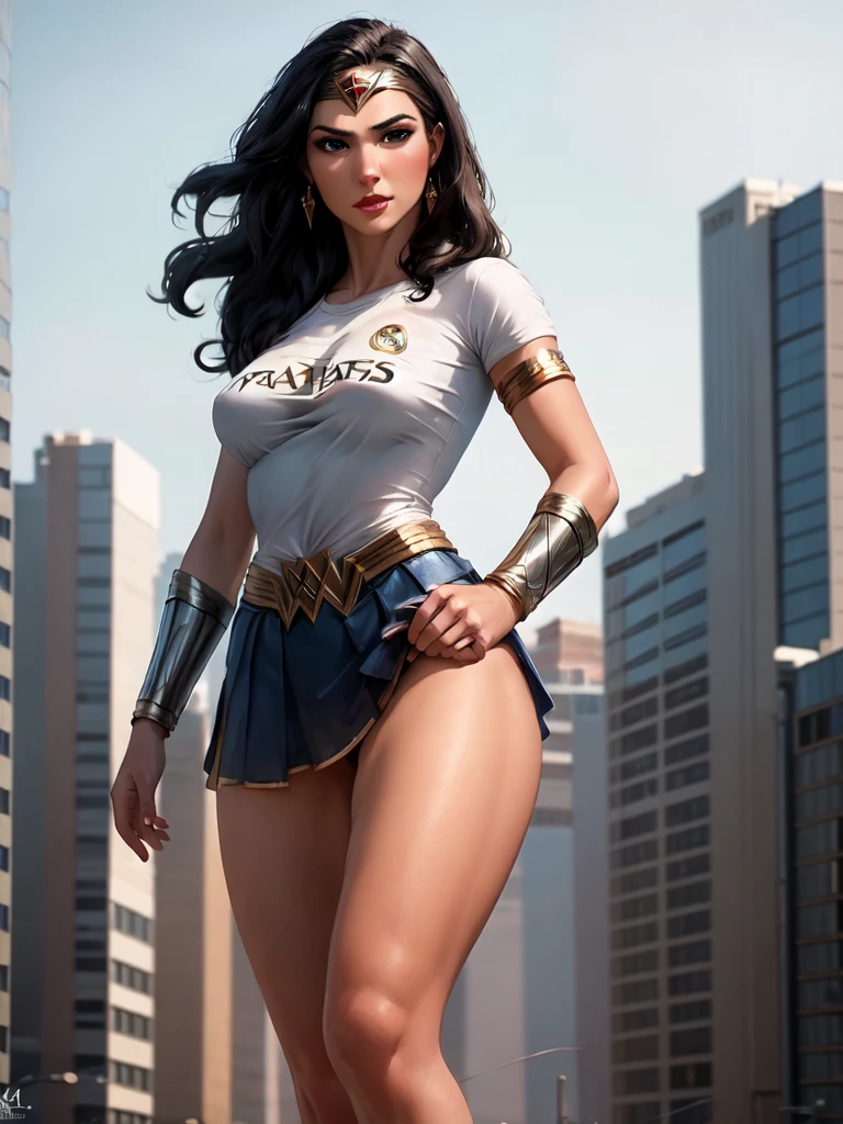 g4lg, wonder woman, ((wearing a white Real Madrid tshirt)), (pretty face:1.2), (finely detailed face and beautiful eyes), mature female, muscle, bare hands, (armlet, blue armor skirt, bracer, head ring ), (black eyes, black long hair, messy hair, floating hair), ((white Real Madrid tshirt)), (long proportional legs), (best quality:1.1),(city background:1.2), dark_fantasy,, ((masterpiece)),