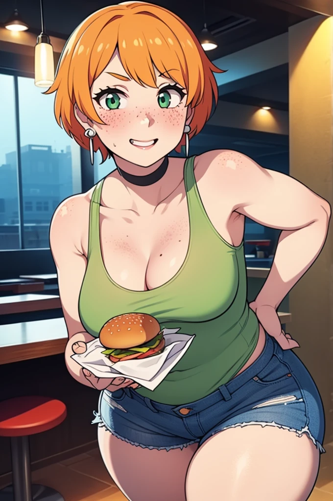 ((Masterpiece)), perfect anatomy, perfect shading, field of depth, (best quality), extremely delicate and beautiful, perfect lighting, detailed face, ultra cute face, cute, ((1girl)), ((solo))
short fluffy orange hair, freckles, green eyes, ((blush)), seductive smile, looking at viewer, tank top, shorts, choker, earrings, cleavage, small breasts, (thick thighs), wide hips,
intricate background, detailed background, fast food restaurant, holding food,
