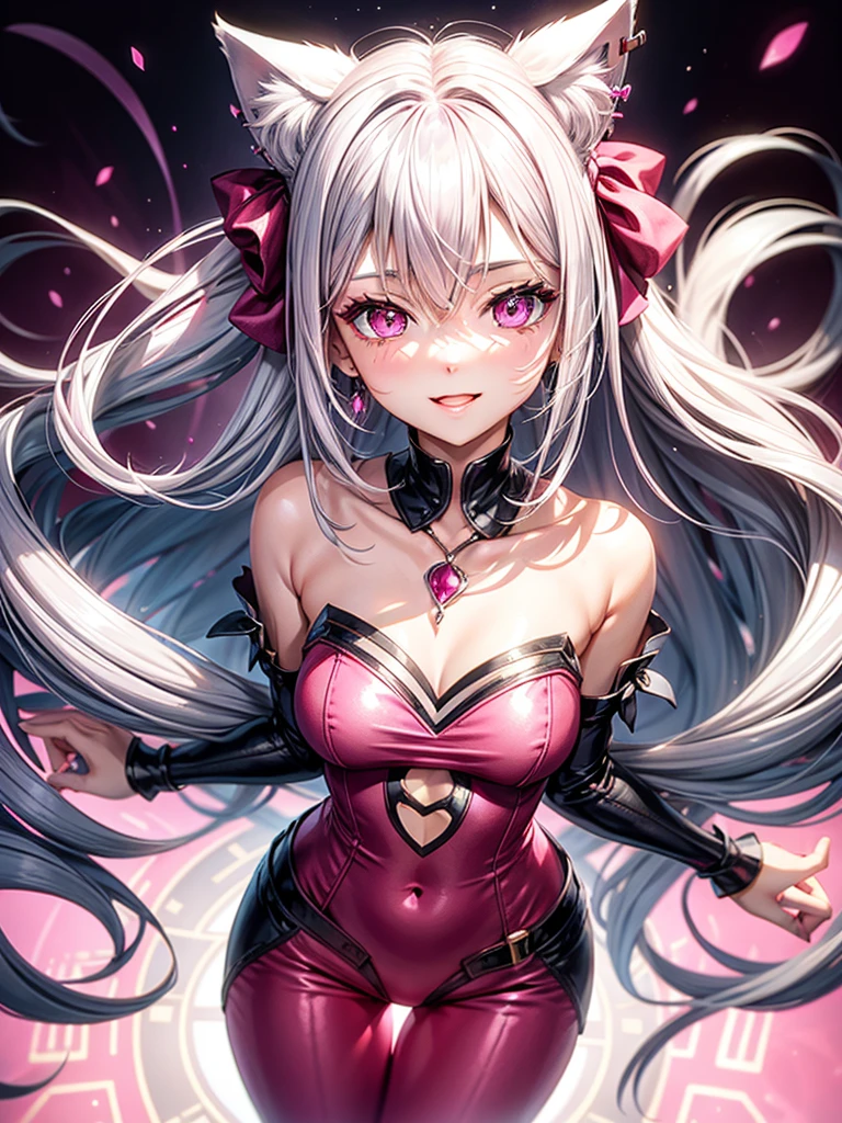 Silver hair, pink eyes, body, cat ears, woman, earrings, fantasy background, pink red clothes, hair bows, happy face, full body