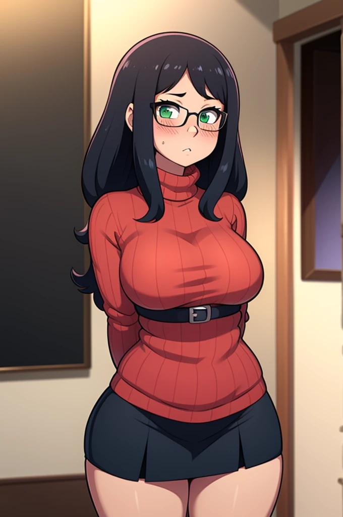 ((Masterpiece)), perfect anatomy, perfect shading, field of depth, (best quality), extremely delicate and beautiful, perfect lighting, detailed face, ultra cute face, cute, ((1girl)), ((solo))

long fluffy black hair, glasses, green eyes, ((blush)), nervous, looking at viewer, sweater, short skirt, medium breasts, thick thighs, wide hips, 

intricate background, detailed background, fast food restaurant, arms behind back, cowboy shot,
