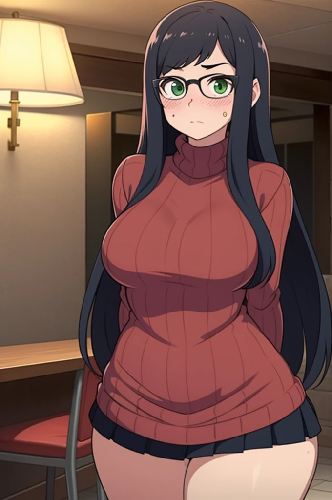 ((Masterpiece)), perfect anatomy, perfect shading, field of depth, (best quality), extremely delicate and beautiful, perfect lighting, detailed face, ultra cute face, cute, ((1girl)), ((solo))

long fluffy black hair, glasses, green eyes, ((blush)), nervous, looking at viewer, sweater, short skirt, medium breasts, thick thighs, wide hips, 

intricate background, detailed background, fast food restaurant, arms behind back, cowboy shot,
