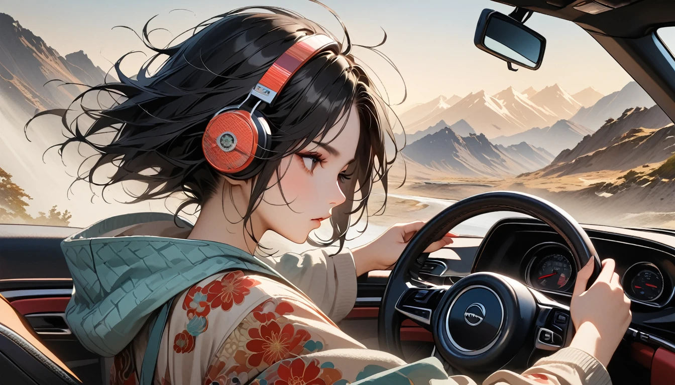 ((8k of extremely detailed CG unit, Masterpiece, high resolution, highest quality, highest quality real texture skin)), (wearing Japanese pattern headphones), ((1 girl)), (((side view))), (((Holding the steering wheel of a car and driving))), (((sunglasses))), (Japanese pattern hoodie, Japanese-style shorts), (Black hair, messy hair, beige skin), (surreal, digital painting), (((Hair fluttering in the wind)))