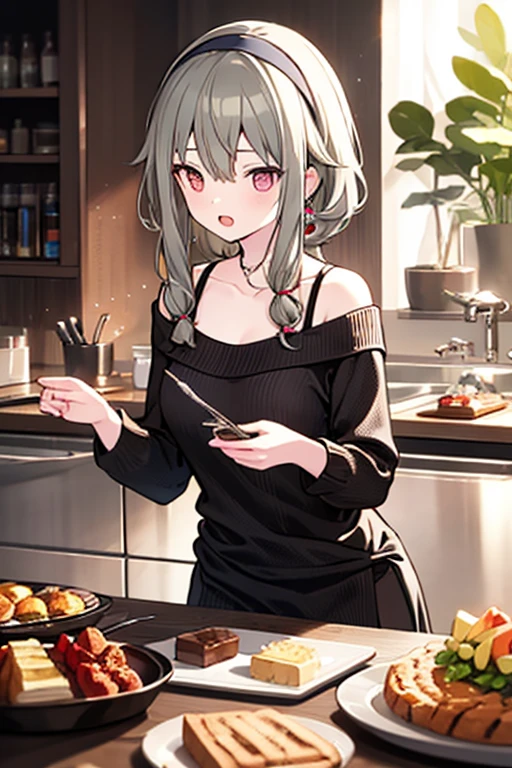 masterpiece, yor, 1girl, Amazing Cleavage:1.3, thin waist, big ass, Raised sexy, medium breast: 1.8 posed cleavage:1.2、solo, looking at viewer, open mouth, have a cup of coffee,black hair, red eyes, dress, bare shoulders, jewelry, collarbone, sidelocks, hairband, earrings, indoors, off shoulder, :o, sweater, arms behind back, plant, short hair with long locks, white hairband, off-shoulder dress, sweater dress, off-shoulder sweater, red sweater, big side hair, very long side hair,is rendered in (masterpiece: 1.2, best quality), with (ultra high resolution) and an exquisite (depth of field). This masterpiece is not only visually stunning but also tells, make of cake cooking ,in the kitchen