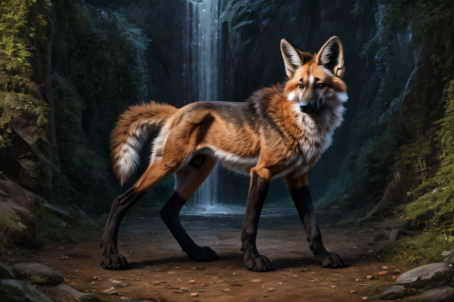 mammal,solo,canid,feral,male,canine,fur,canis,sheath,fully sheathed,claws,hi res,inner ear fluff,tuft,maned wolf,paws,4 toes,toes,full body,detailed background