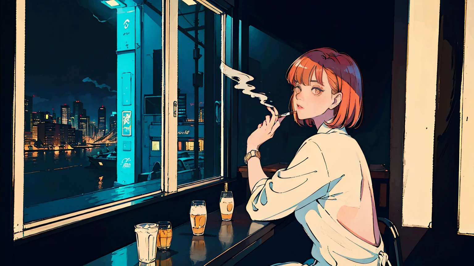 Beautiful Asian redhead sitting in a restaurant at night, Visible from the window, face perfect, oculos de sol, Smoking white Taylormade cigarettes, Neon black, (back-illuminated: 1.1), hard shadows, work of art, highest quallity, complex, model shooting style, vintage, Film grain, incomplete details