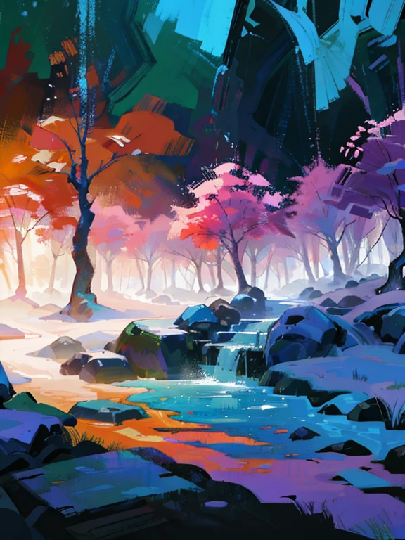 A painting of a stream running through a forest full of trees,,，correct simple compostiotomy，surreal dreams，Surreal art fantasy style.，Epic digital fantasy art style.