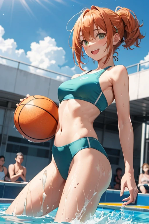 characteristics: He has short orange hair, that gives you a fresh and energetic air. His eyes sparkle with excitement and a perpetual smile adorns his face as he immerses himself in the action of the game..
playful expression: Yotsuba is in the pool, playing basketball with a floating ball. Your energy is contagious, moving agilely through the water while dribbling and trying to shoot at the improvised basket.
Sports outfit: Wear a sporty swimsuit in bright shades of green and white, allowing you to move freely in the water. The design is adapted for water activities, providing you comfort and flexibility for your movements.
Aquatic environment: The scene takes place in a sunlit pool., with the water shining around it. Colorful toys and floats decorate the pool, adding a fun and summery touch to the atmosphere.
Game details: Yotsuba shows athletic skills and coordination while playing water basketball, enjoying every moment with a carefree attitude full of fun. Her hair moves freely in the water, highlighting his dynamic spirit and his love for physical activity.
This image captures the energetic and playful essence of Yotsuba Nakano, showing your ability to enjoy life and find fun in any situation, even while playing basketball in a pool.
short orange hair dunking the ball in the basket wet in pool water big breasts light green bikini big buttocks short hair around the neck