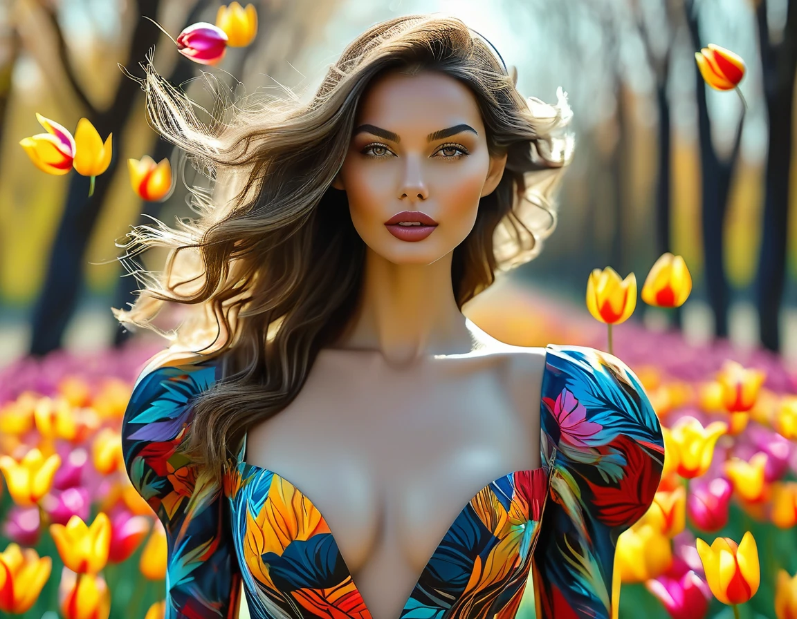 over-the-top detail, fantastical contraptions, minimalist modernism in graphic design style, Surreal masterpiece full length beautiful woman in colorful dress made of tulip autumn leaves and special flowers. Slim waist, high chest, beautiful shoulder turn, beautiful hands, beautiful face. The background is bare trees, a blurred blue gray background. Award-winning, jaw-dropping, Line-art style