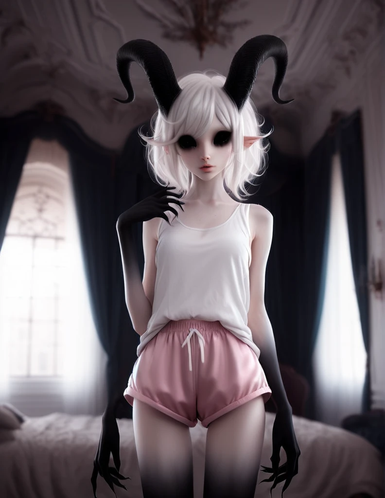 young demon girl with black horns, (pitch black eyes:1.2), relaxing near window, (wearing white tank top and pink bubble shorts:1.2), in bedroom with evil seductive vibe , ( black gradient arms and legs:1.2) , white hair , well lit , very skinny, a realistic baroque bedroom, white canopy over bed, white drapes, damask patterns, intricate details, in the style of Vittorio Matteo Corcos