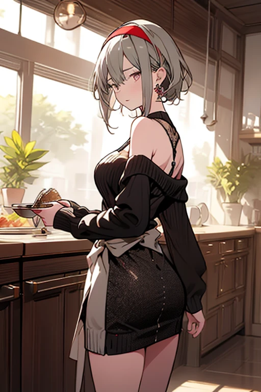 beautiful white haired woman working as a cashier in a german bar, from the back, looking back, perfect ass, dress, short, black dress, transparent white blouse