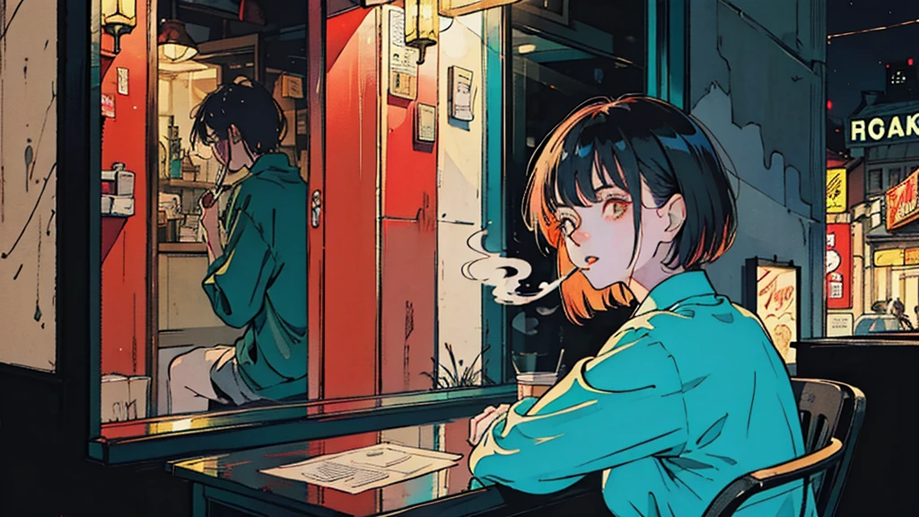 Beautiful Asian redhead sitting in a restaurant at night, Visible from the window, face perfect, oculos de sol, Smoking white Taylormade cigarettes, Neon black, (back-illuminated: 1.1), hard shadows, work of art, highest quallity, complex, model shooting style, vintage, Film grain, incomplete details